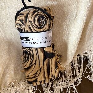 Pashmina Style Black and Tan Rose Patterned Shawl